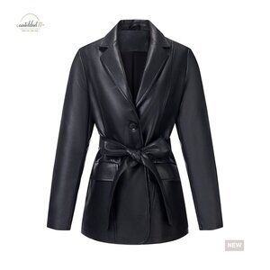 Faux Leather Blazer Jacket Classic Lapel Button Down Coat Chic Vegan